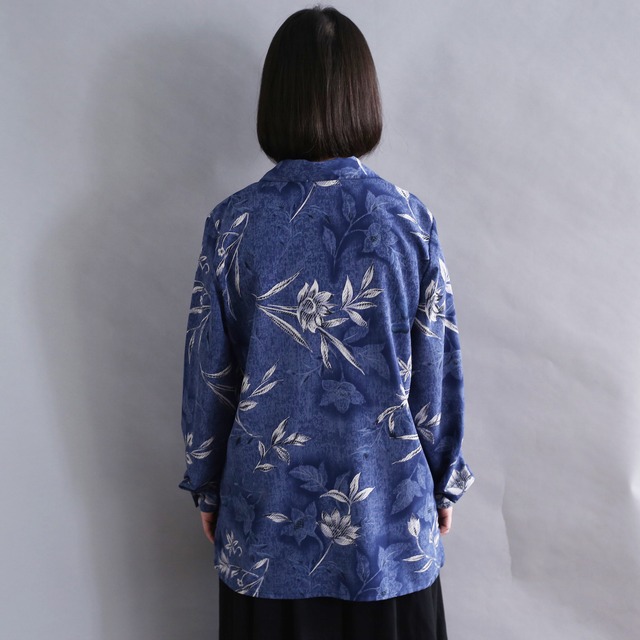 blue base art flower pattern l/s open collar shirt