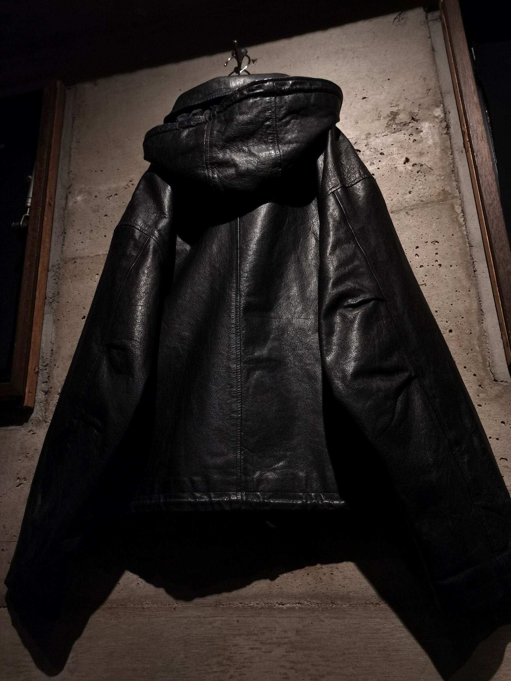 Caka】Hooded Detachable Gimmick Vintage Loose Fireman Leather