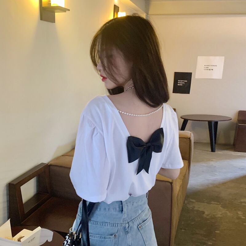 ホワイトTシャツ サマーバックレス 大人ガーリー スウィート キュート カジュアル 夏物 試着室90943764232