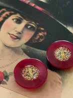 20mm Japanese Vintage ボタン ワインレッド×ゴールド グリッター 樹脂ボタン レトロ アクセサリーパーツ 装飾材 カルトナージュ