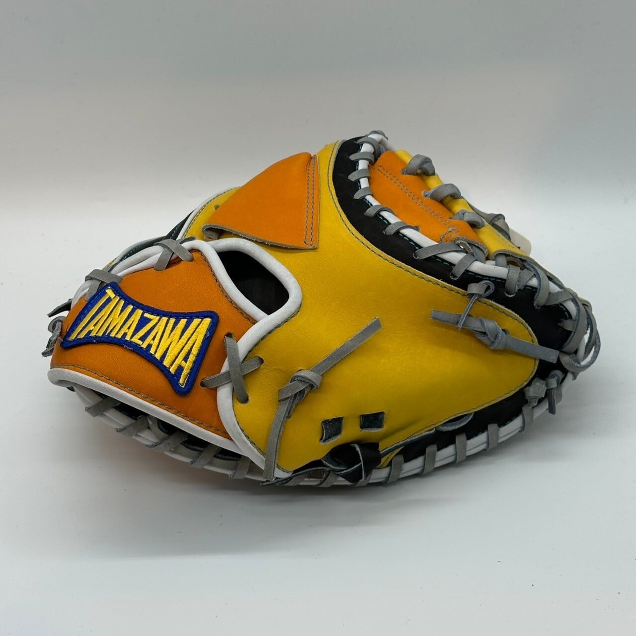 【軟式】【ジュニア】玉澤キャッチャーミット 本体イエローxオレンジxブラック 紐グレー|タマザワ_03