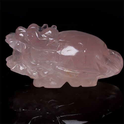 D261-27〕高品質 ローズクォーツ 龍亀 ロングイ 財運 彫刻置物【メール