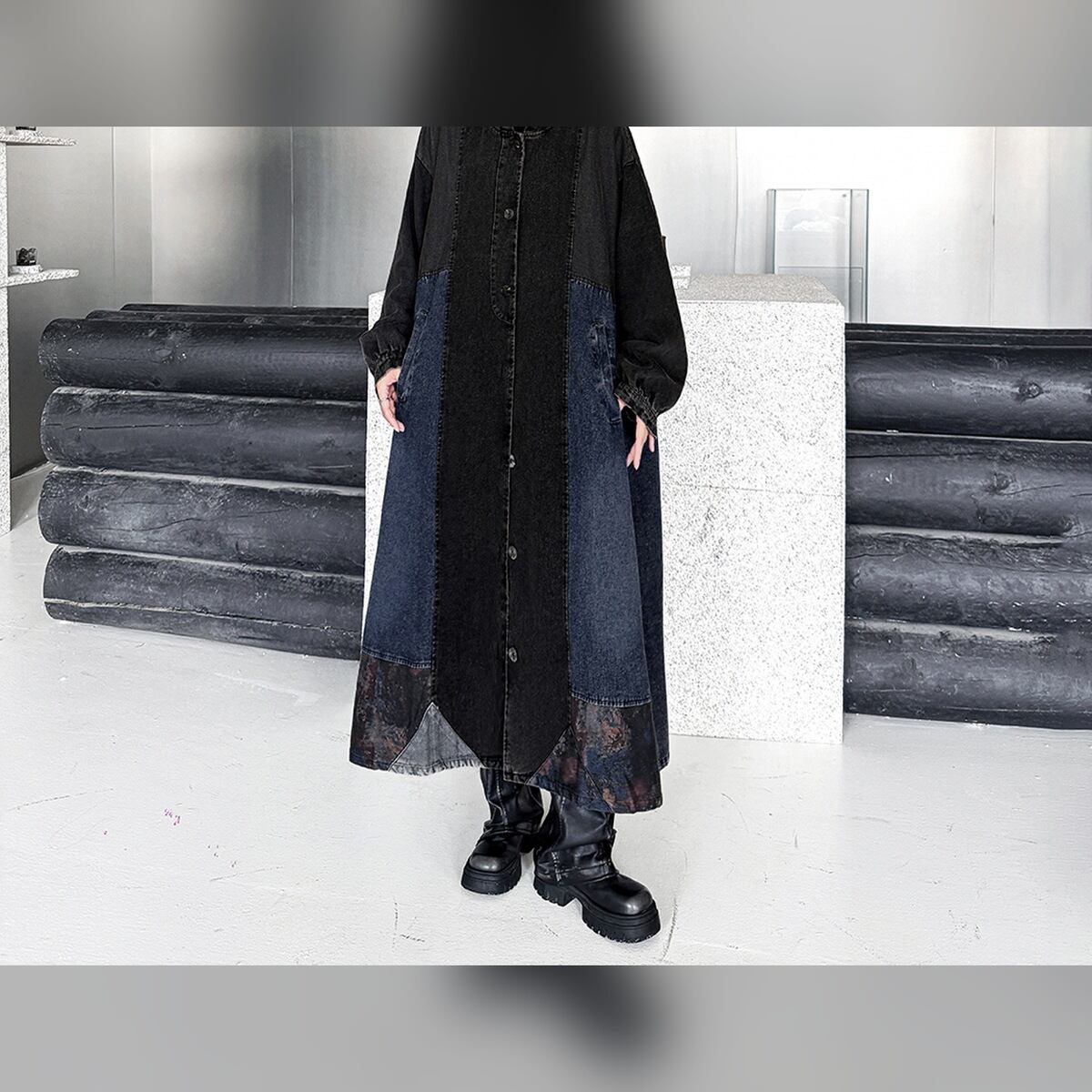 フード付き ヴィンテージ加工 デニム切替 ロングコート 2color CO0202