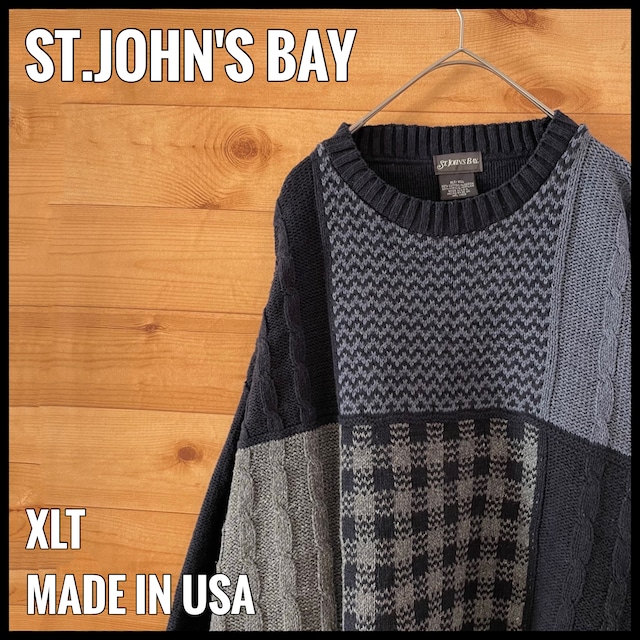 【ST.JOHN'S BAY】USA製 デザインニット 柄ニット セーター 柄物 切替 千鳥模様 ケーブル編み XLT ビッグサイズ ビッグシルエット US古着