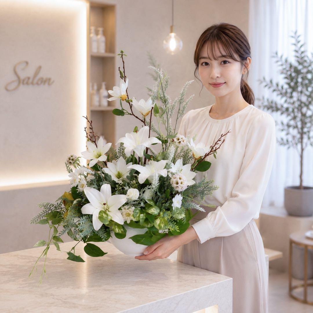 光触媒 木蓮と百合のお供えアレンジメント サロンや開店祝いにも 枯れ