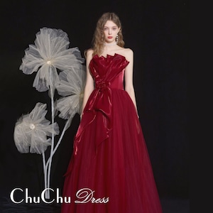 ビッグリボンデザイン☆ベアトップレッドロングドレス OJ011 ビッグリボンデザイン☆ベアトップレッドロングドレス OJ011