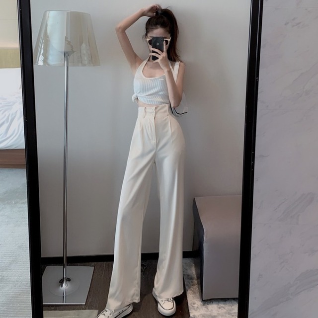 カジュアルパンツ スプリングサマー薄手ハイウェストウェストルーズワイドレッグ 春物 夏物 ワイドパンツ YY-ファッション15183090897