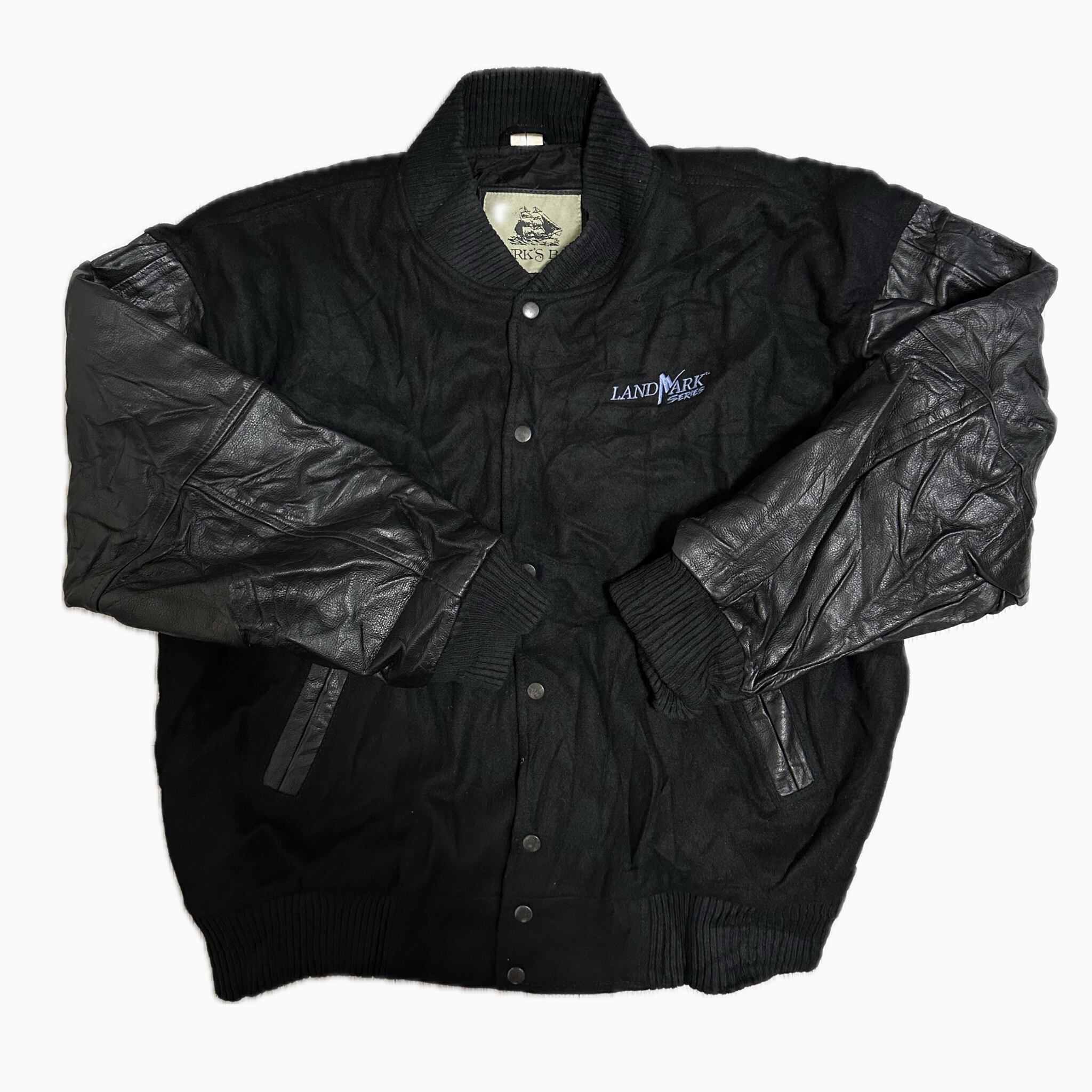 その他ブランド / BURKS BAY/スタジャン/L/ウール/BLK/無地 BURK'S BAY 古着 100%ウール 本革 スタジャン ブラック XLサイズ