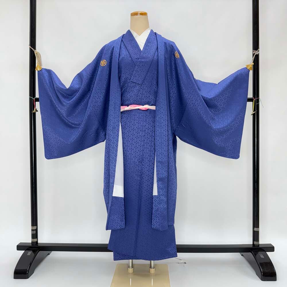 男紋付 男着物 紋付 ポリエステル 羽織 長着 裄77.2cm 3L size 紫 五つ紋 中古 成人式 舞台衣装 4911