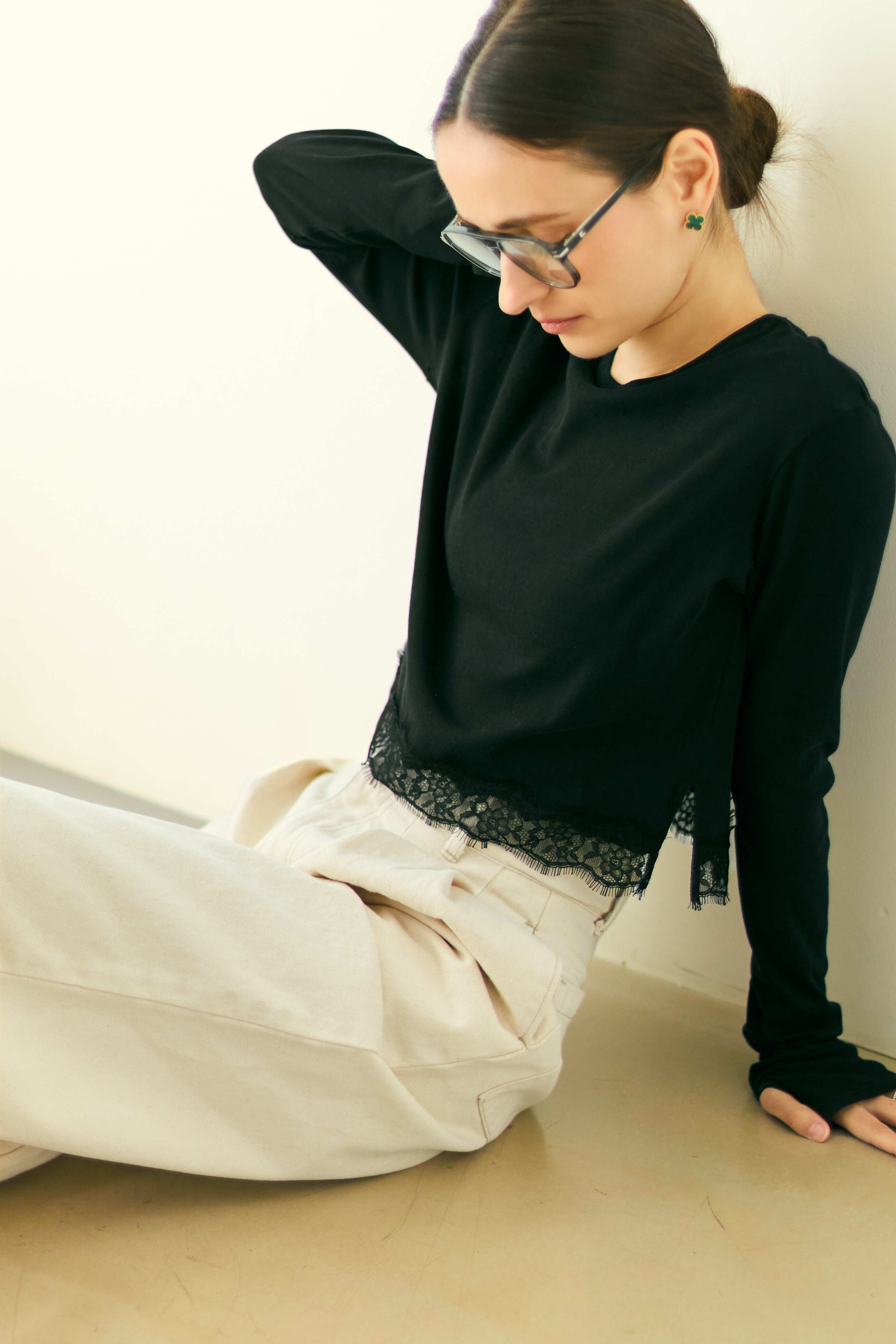 Lace hem long Tee | Bluelea