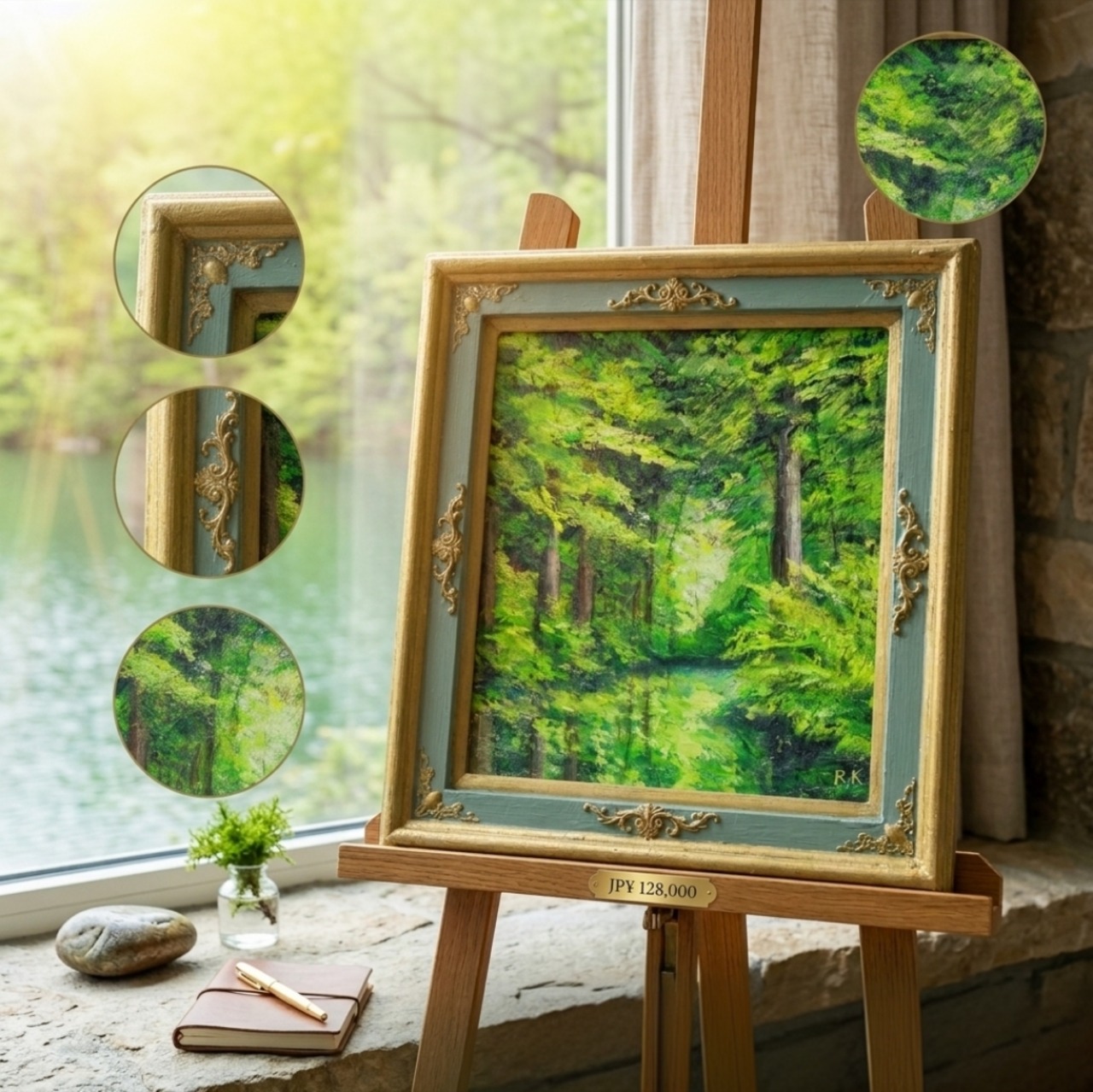 油絵【光織りなす翡翠の森】 新緑 初夏 森 風景画 絵画 額縁付き