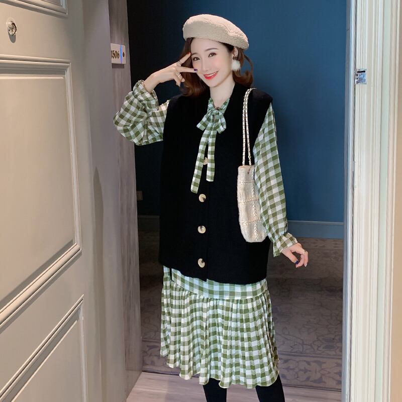 【新作】【送料無料】 マタニティウェア2019秋冬の新しいチェック柄ミドル丈ドレス+ニットチョッキツーピース妊婦-アリババ オータム 秋物 ウィンター 冬物 expec233906505658