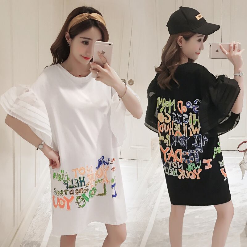 【新作】【送料無料】 マタニティドレス2019夏新色レタープリントメッシュトランペットスリーブバージョンラージサイズルーズマタニティドレス-アリババ 大きめサイズ サマー 夏物 expec225643885031