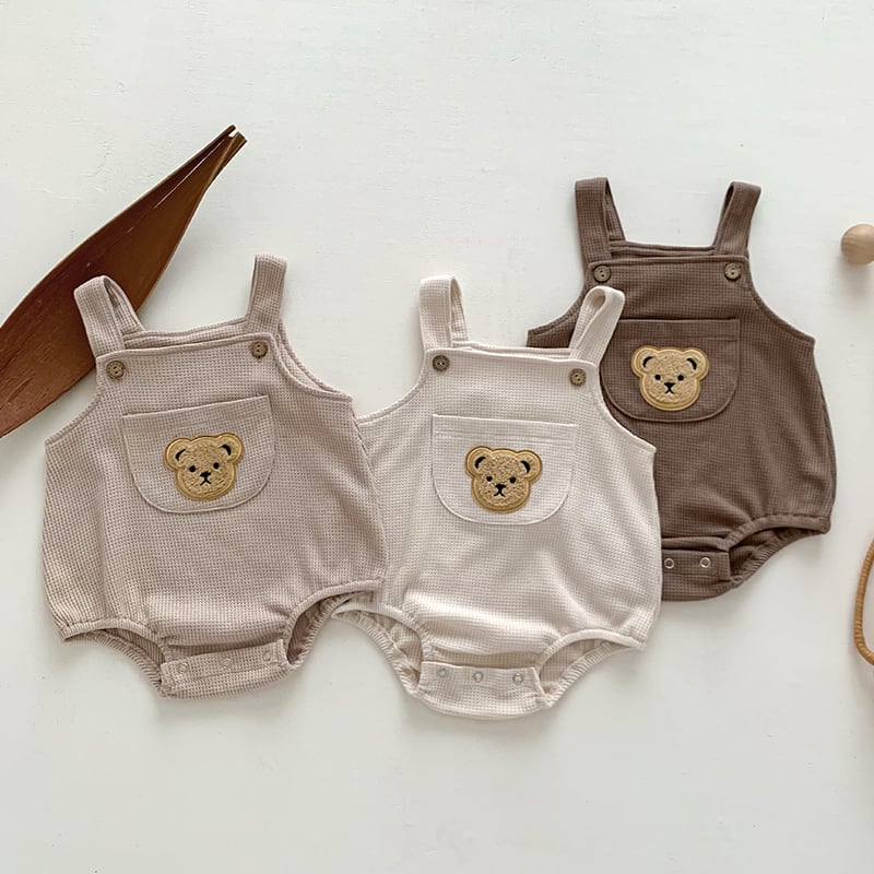 BABY】夏作ワッフルくまちゃん刺繍サロペットロンパース | 韓国子供服