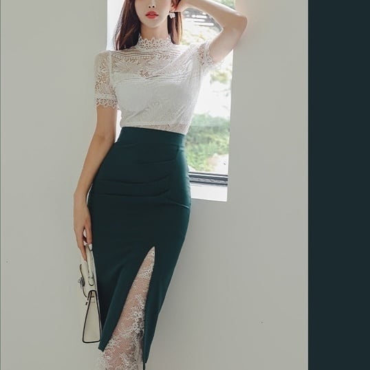 セットアップ 2点 レース ブラウス 配色 スリム スカート 着回し(M9336)κ