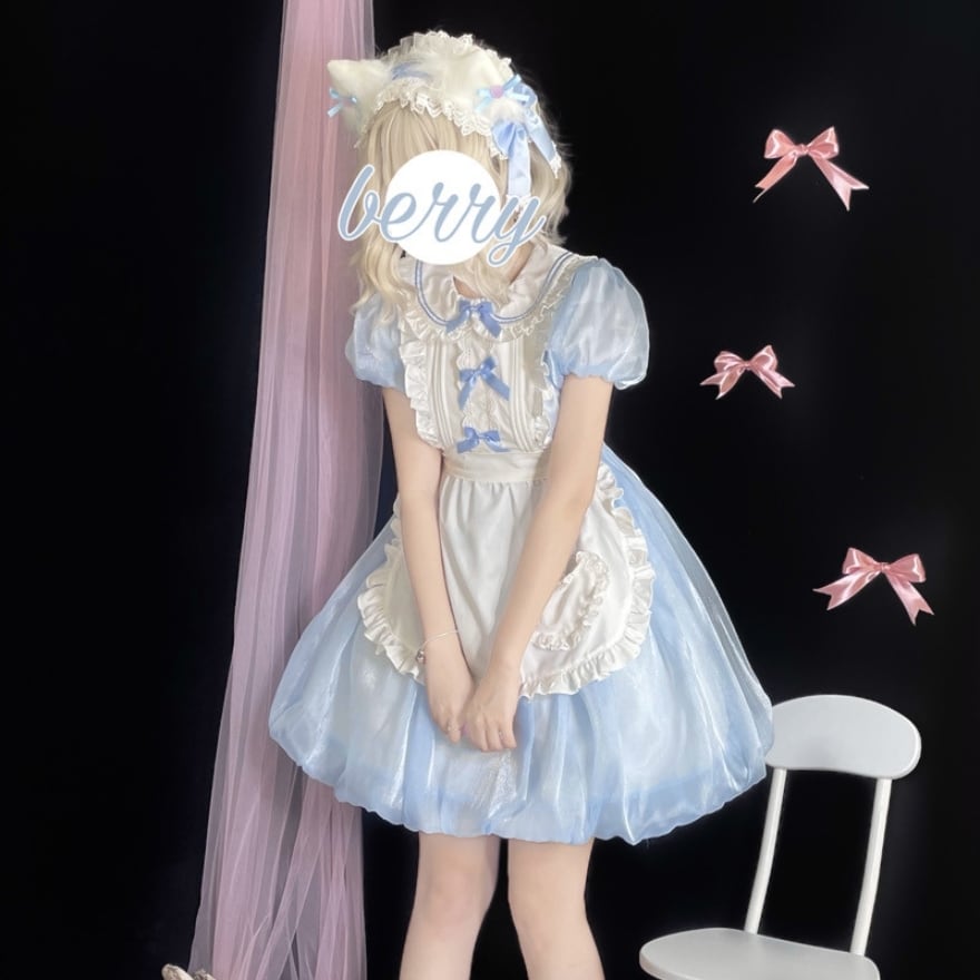 サブカル 服 地雷系 通販 水色 ろりぃた メイド服 フリル エプロン