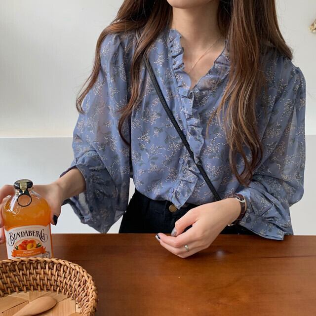 全3色 ブルー/アイボリー/イエロー 花柄 ブラウス トップス 透け感 ボリューム袖 長袖 フリル 大人可愛い レトロ S/M/L/XL/2XL