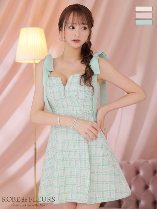 ROBE de FLEURS ローブドフルール fm2991 [肩リボンパステルチェックミニキャバドレス] MINTGREEN