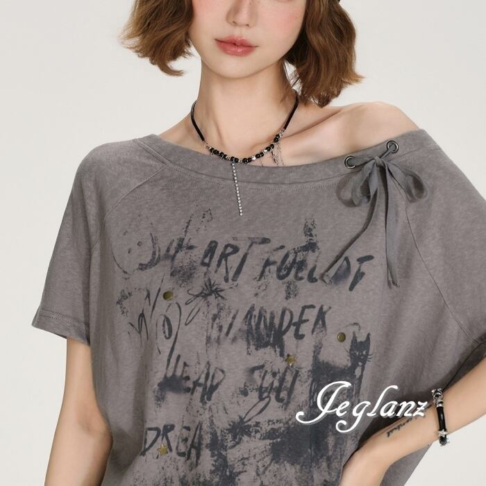 フェード ロゴ ワンショル 半袖 Tシャツ リボン デザイン 肌見せ(MC940)β