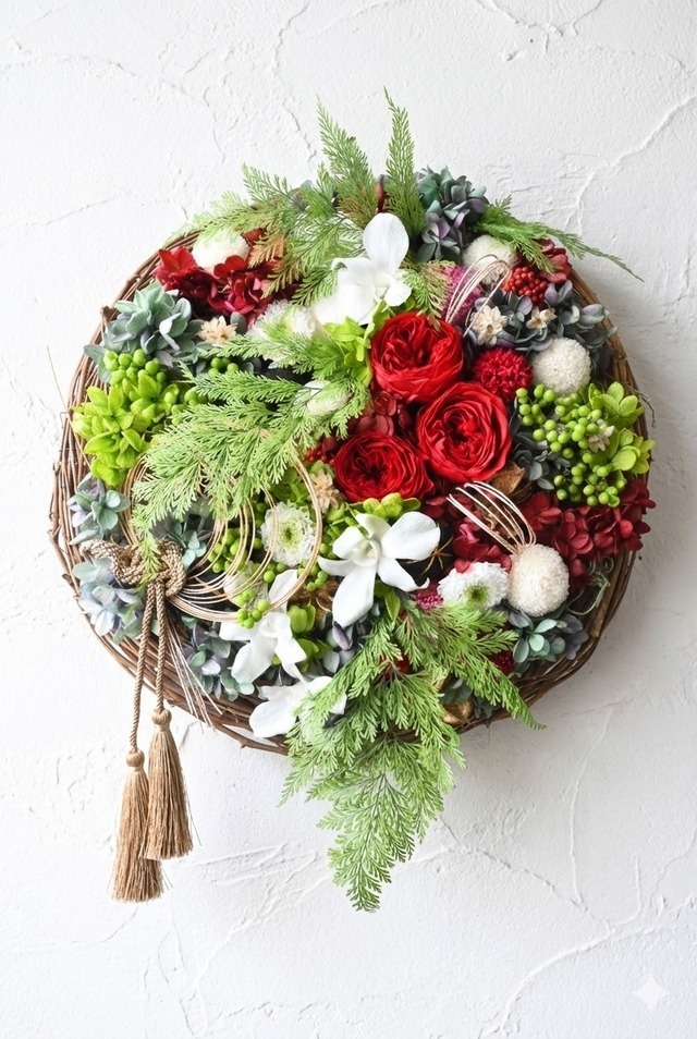 【展示作品】バラとデンファレの和モダンリース28cm×40cm