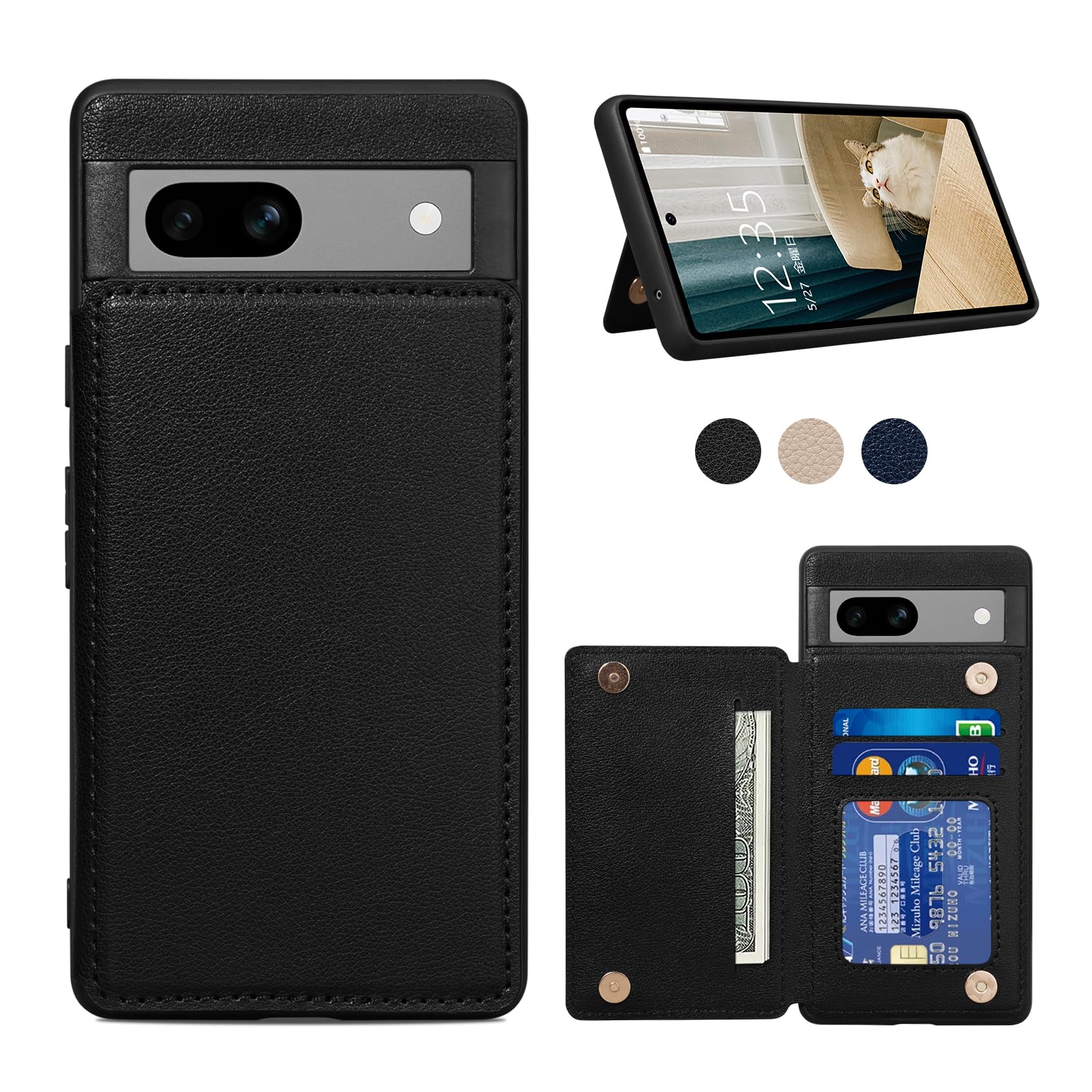 Shlybaay Pixel 7a 用 背面 手帳型ケース ICカード収納 スマホケース ブラック