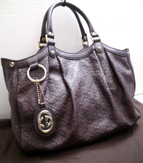 レア◆GUCCI グッチ スーキー シマライン GG型押 チャームデザイン A4対応 オールレザー トート バッグ 茶◆ シマラインから希少なスーキー