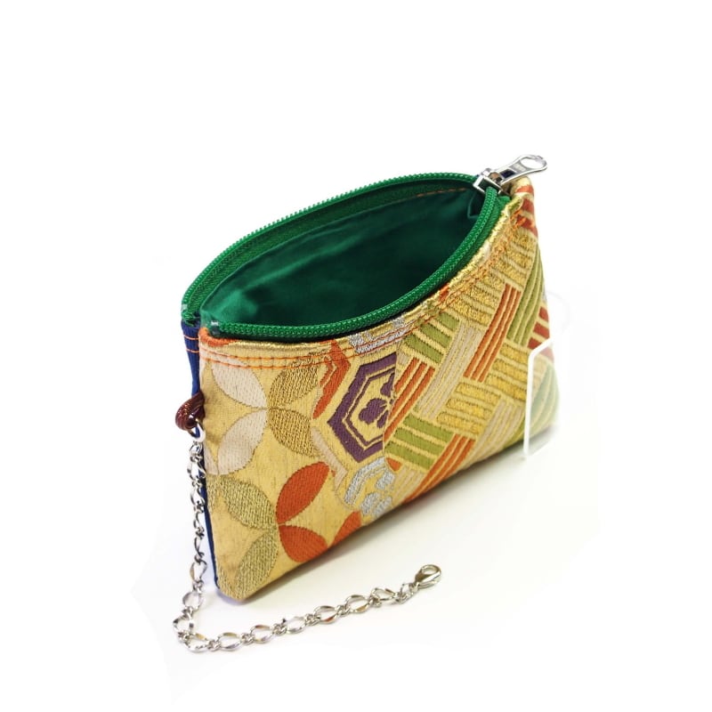 帯リメイク フラットミニポーチ【金糸幾何 H11×W16】男女兼用 パス