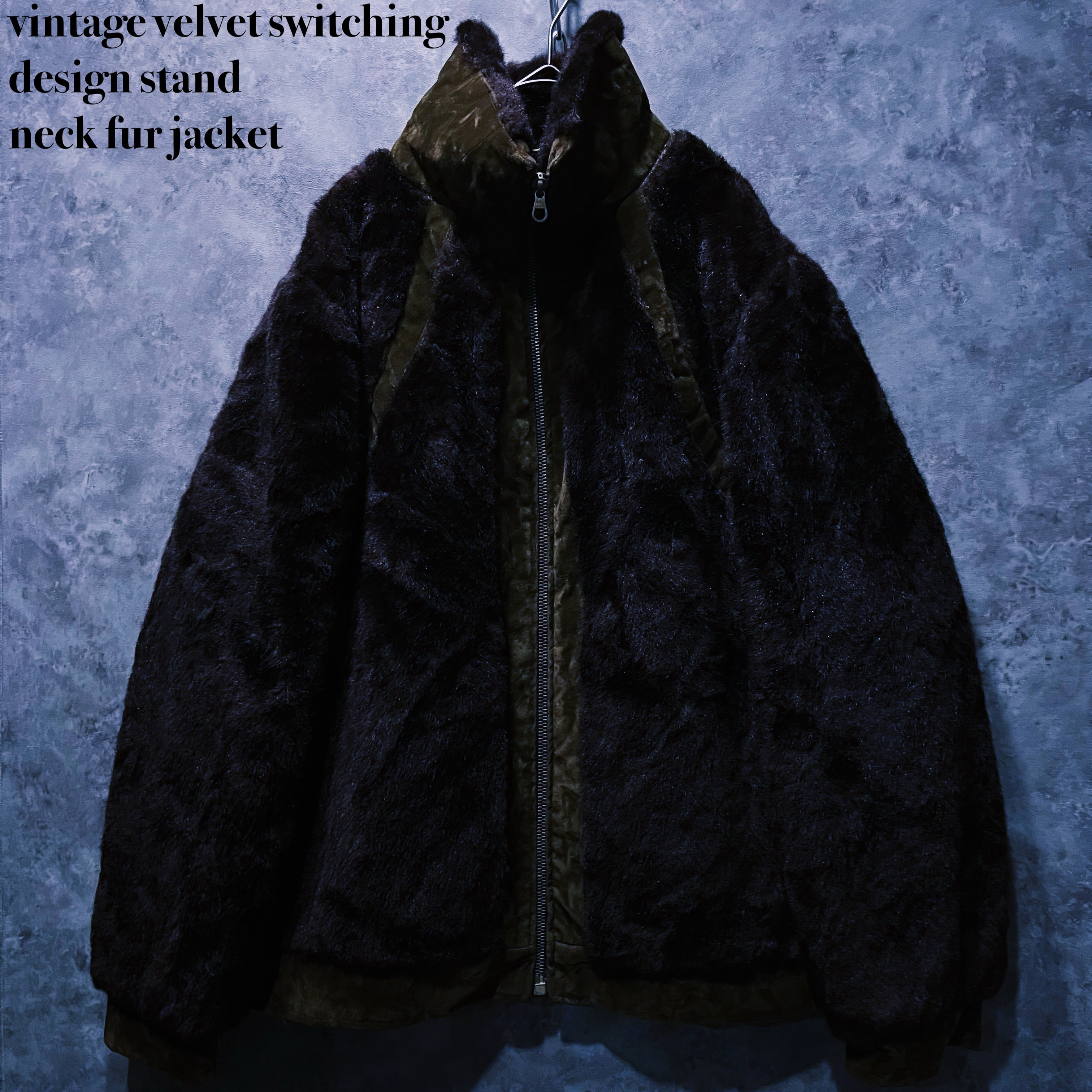 【doppio】vintage velvet switching design stand neck fur jacket