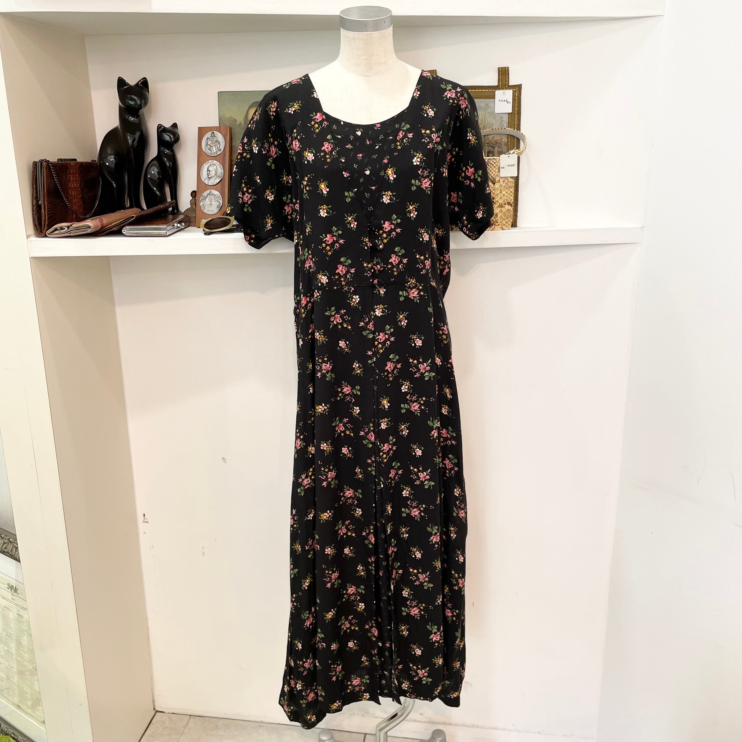 vintage/one-piece/flower/black/long/ビンテージ/ヴィンテージ/ワンピース/花柄/黒/半袖/長め