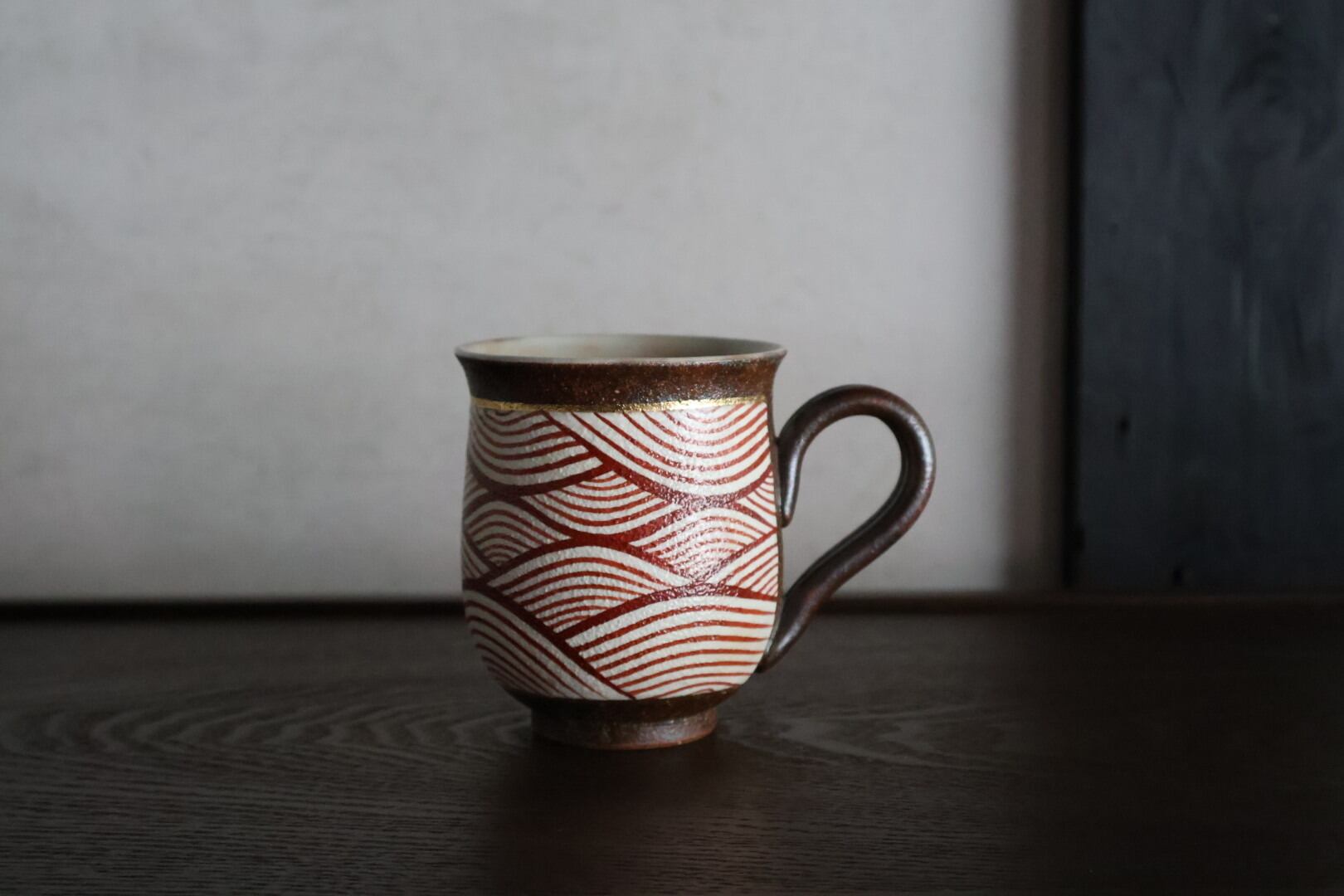 清水焼 小倉麗子作 南蛮青海波マグカップ 赤