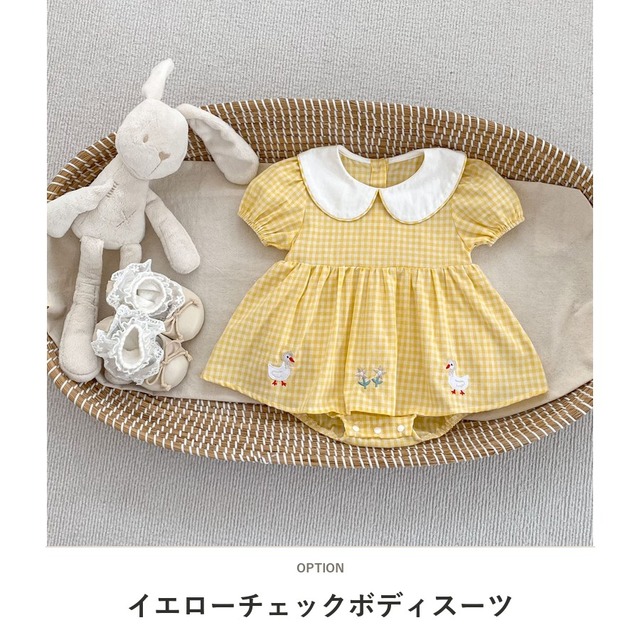 【BABY】アヒル刺繍チェック半袖襟付きロンパース - 2