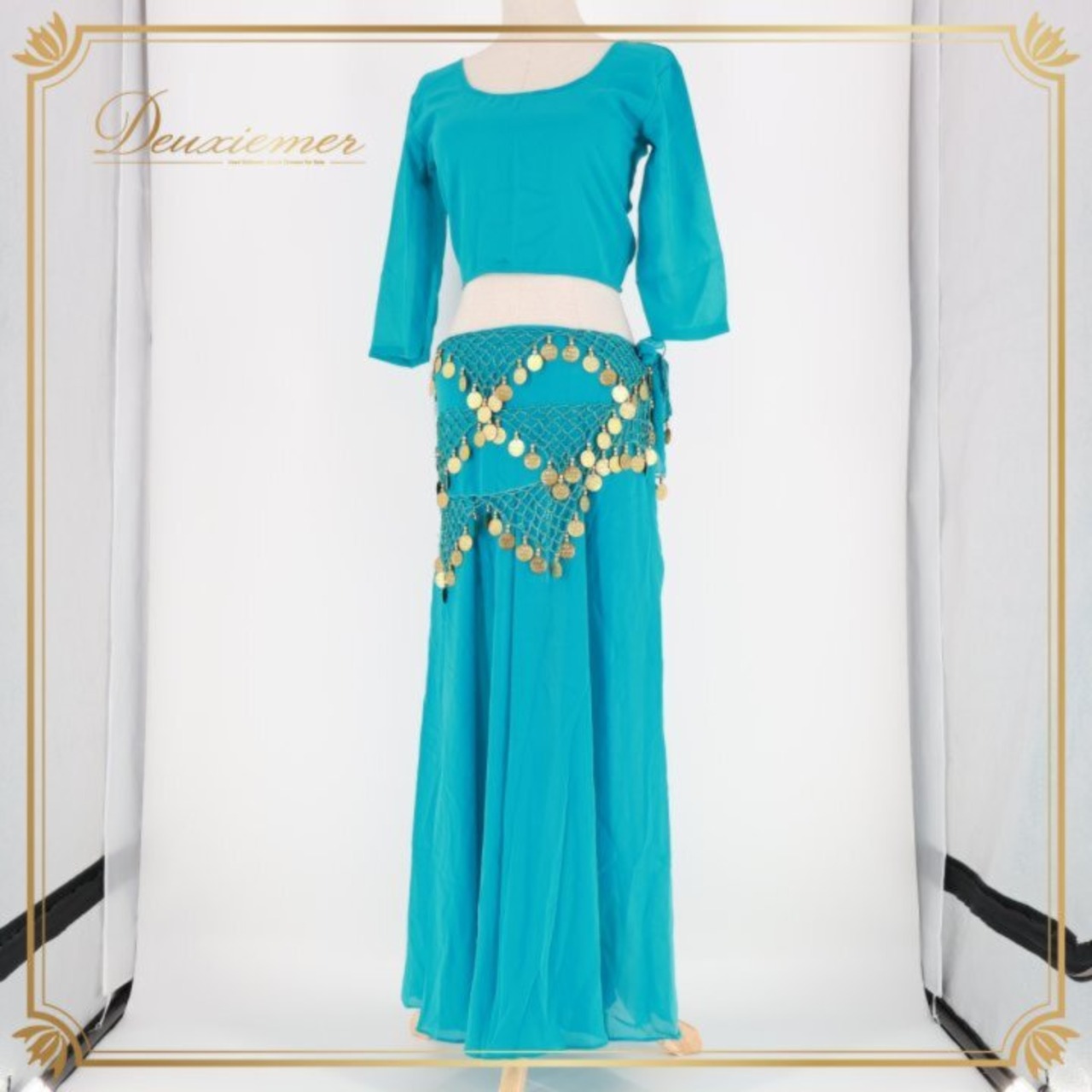 ベリーダンス 衣装 上下セット ブルー系 グリーン系 トップス スカート ヒップスカーフ ベール BAHEE 練習 レッスン コイン 青 緑 金 編み上げ 透け感 キラキラ 華やか かわいい ツーピース セットアップ ゴールド系