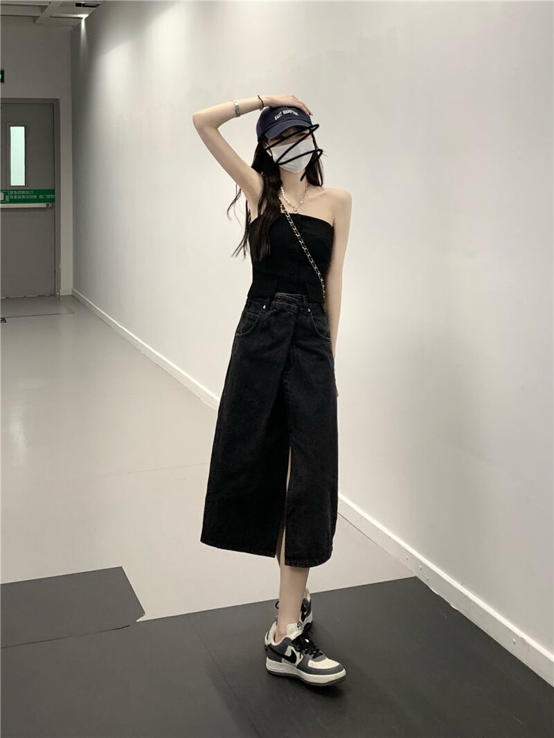 ダークサマーブラックトップス スカート 夏物 モンロー95441451419