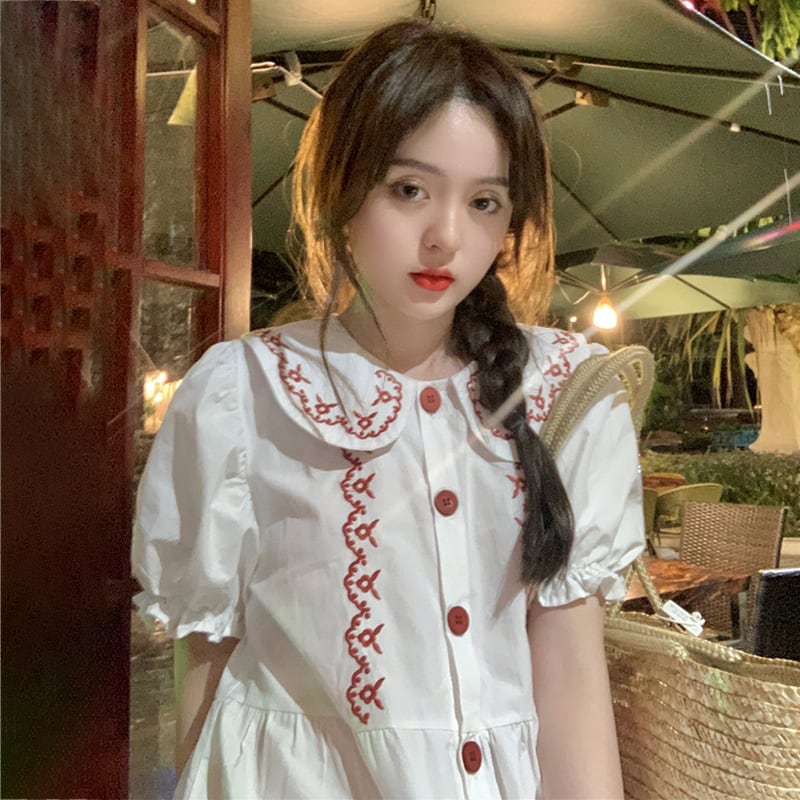 カラードレス サマースリーブルーズ薄手スカート レッド 刺繍 大人ガーリー スウィート キュート カジュアル 夏物 萌量不足13329349221