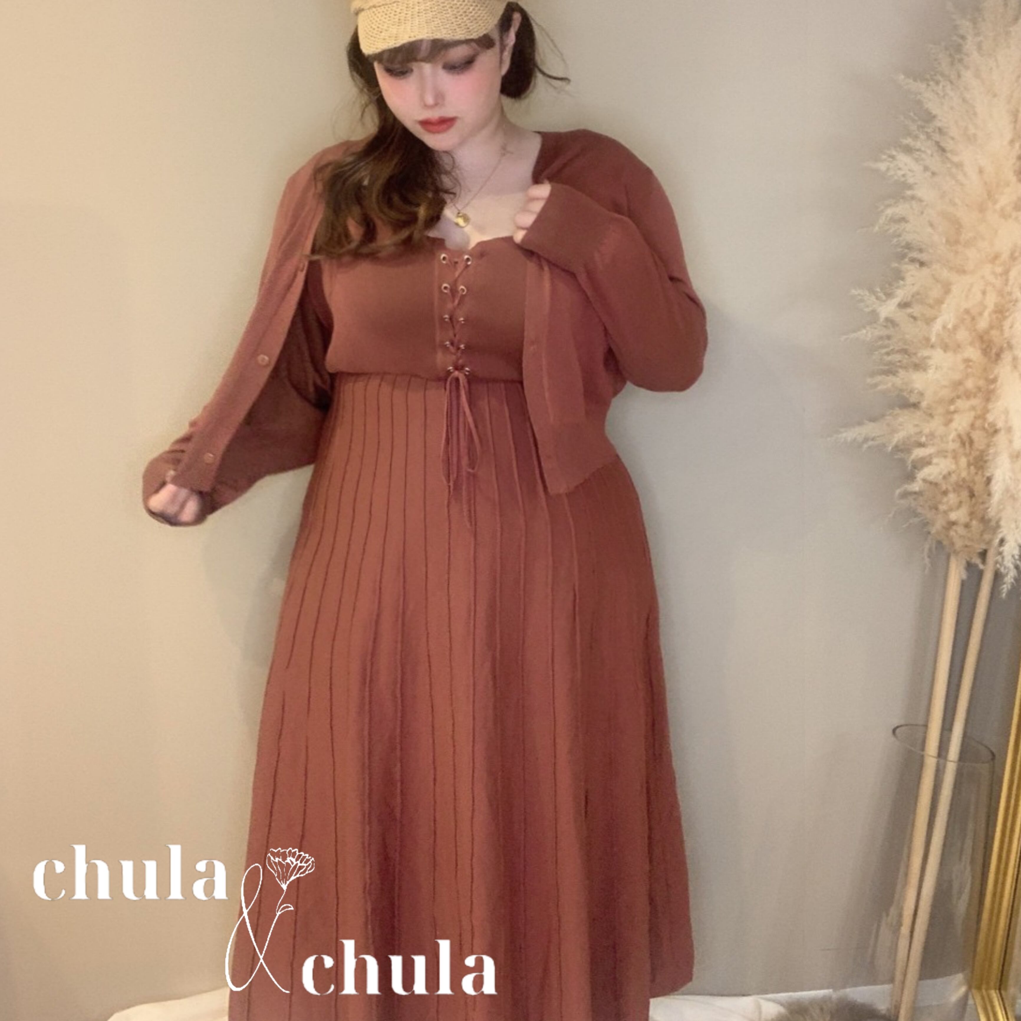 大人コーデ2点セット レースアップキャミワンピース カーディガンセット レッド ブラック2色展開 Ch06 可愛い大きいサイズ韓国レディースファッション通販 Chulachula チュラチュラ