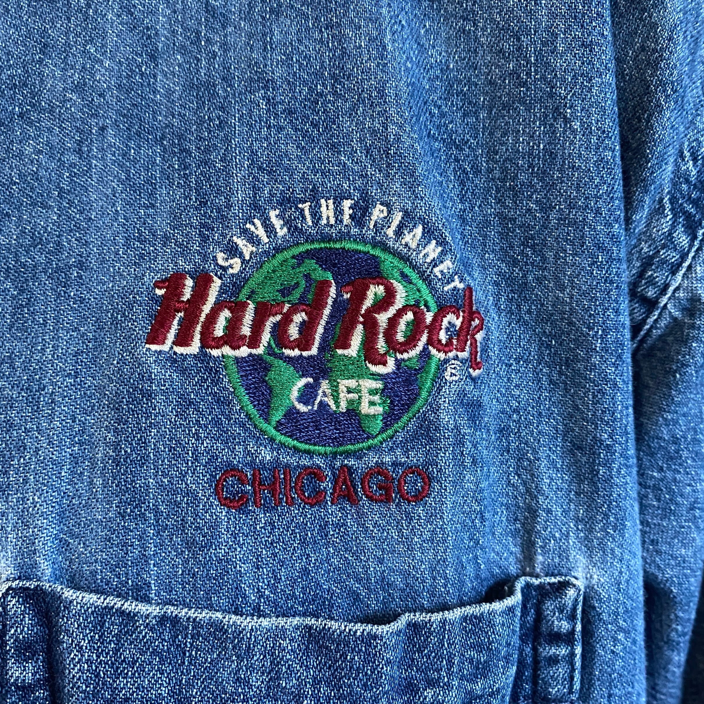 90年代 ハードロックカフェ 企業ロゴ刺繍 デニムシャツ メンズL 古着