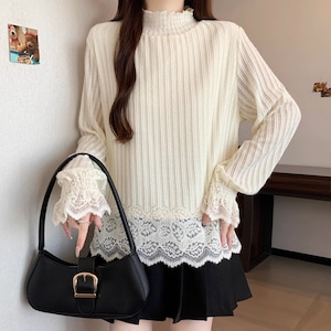 レースヘムキャンディスリーブハイネックトップス ・73686 レースヘムキャンディスリーブハイネックトップス ・73686