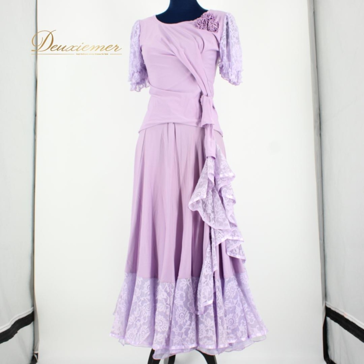 【美品 社交ダンス衣装】上下セット ICHIOKU イチオク パープル 紫 レース 半袖 花柄 ライラック ラベンダー フェミニン 清楚