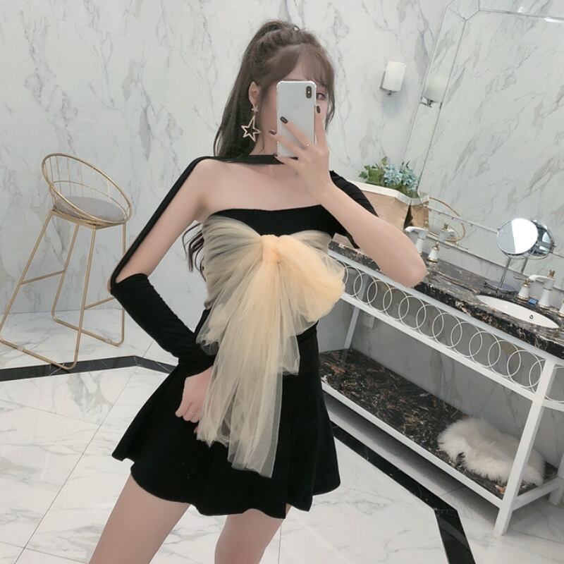 セット メッシュカラートップス Tシャツ ウェストスカート ツーピース レース ストリート レースアップ ハンチェンe35261930494