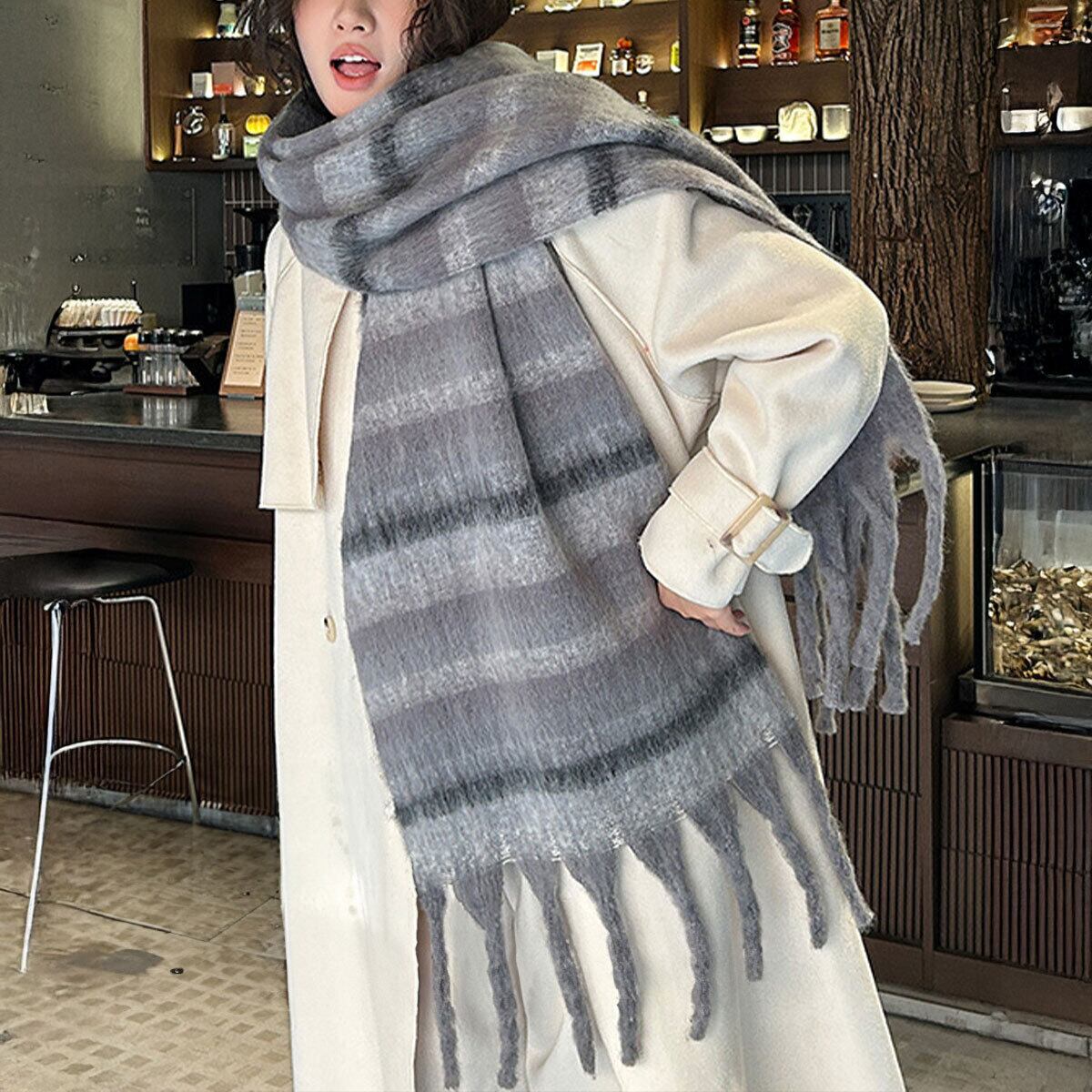 ボリューム マフラー 大判 レディース 秋冬 韓国 ふわふわ もこもこ 防寒 保温 おしゃれ ボーダー柄 フリンジマフラー 通勤 通学 暖かい 大人可愛い 大人女子