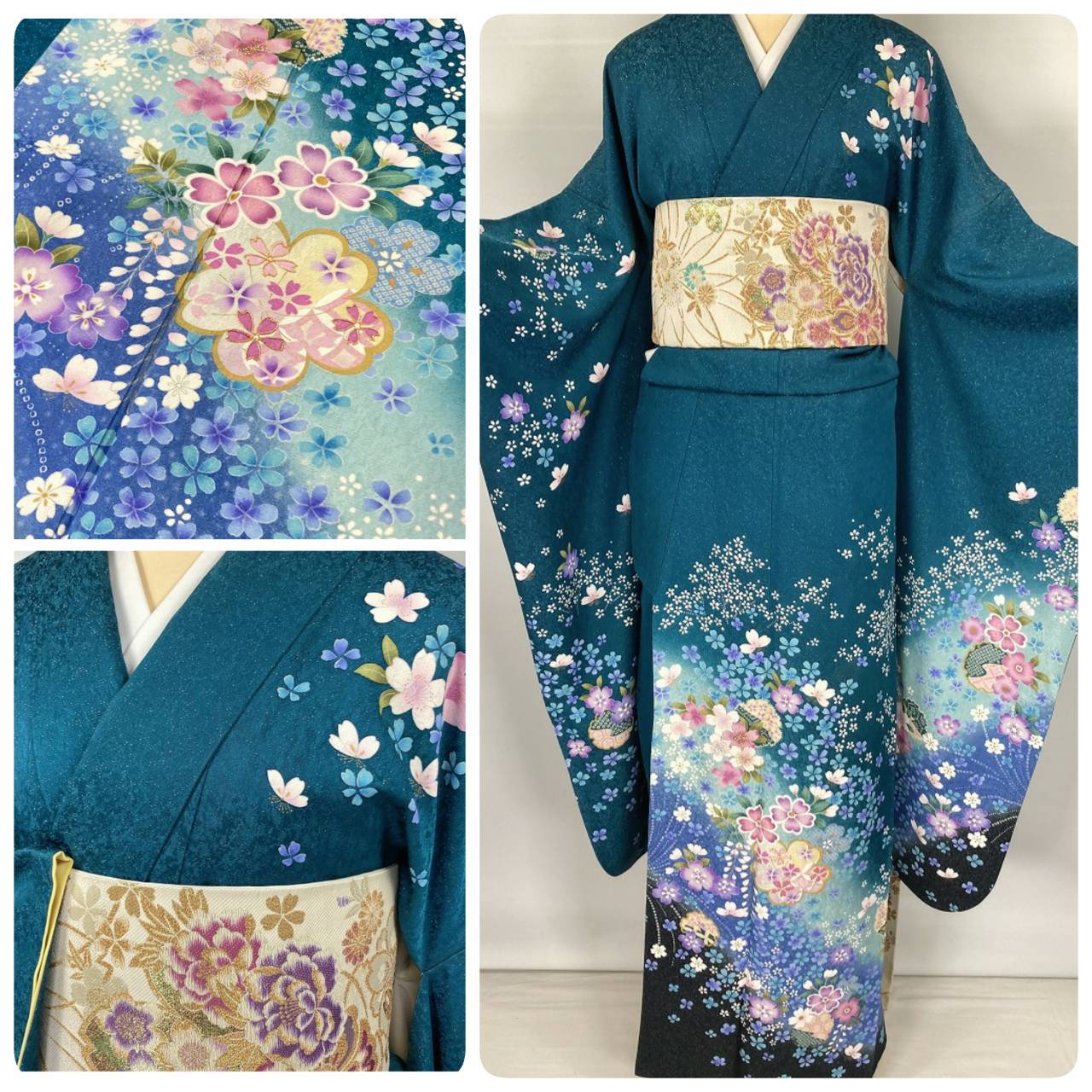 京友禅 銀通し 金駒刺繍 2点セット 振袖 袋帯 花柄 トールサイズ 正絹 