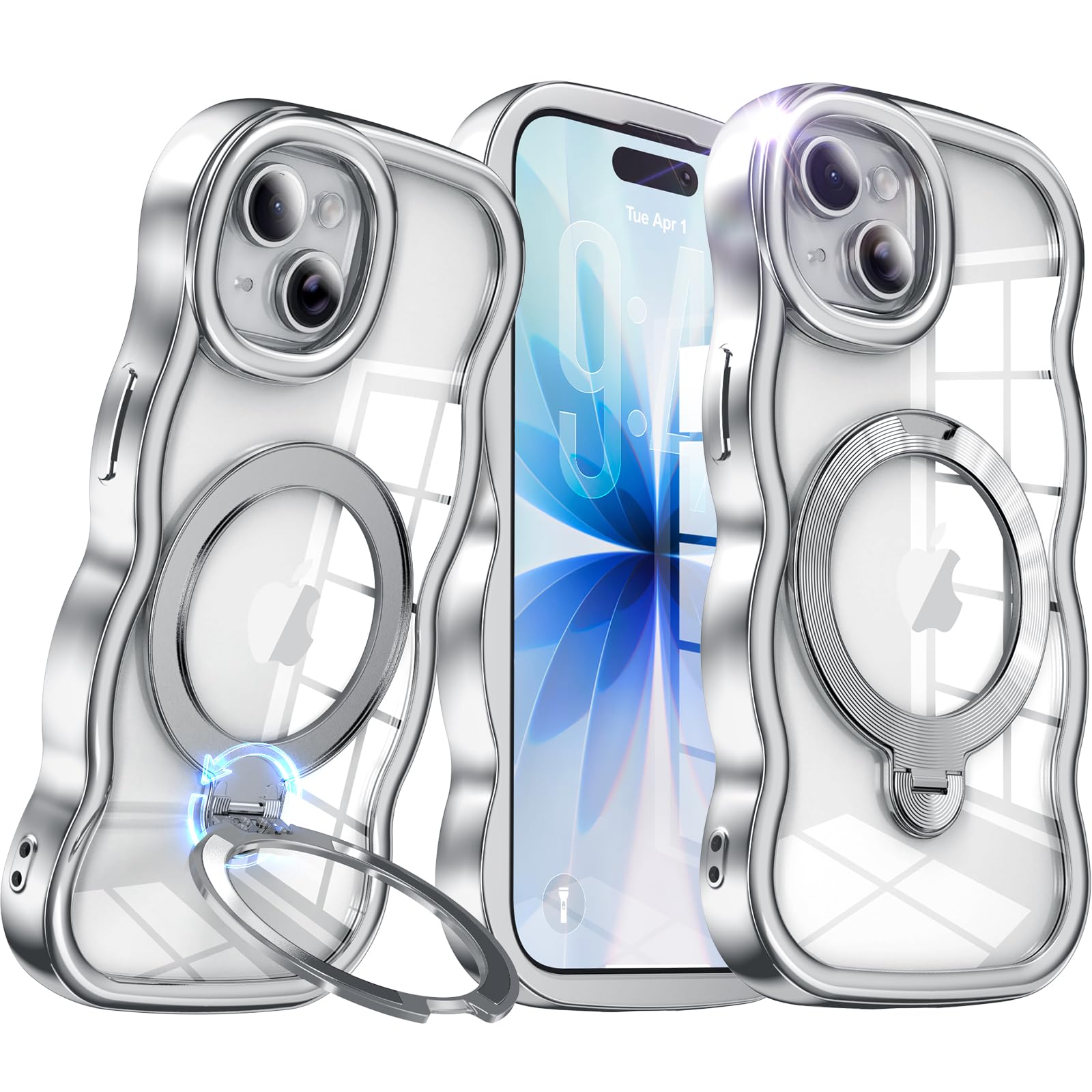 【大波型メッキフレーム・360°回転無制限】 iPhone 13/iPhone 14 用 ケース アイフォン13/iPhone 14 対応【縦横スタンド・Magsafe一体】 角度調整可能 ストラップホール付き 耐衝撃 黄ばみゼロ マグネット吸着 ワイヤレス充電対応 グリップ感向上 リング 薄型 軽量 透明 いPhone13/iPhone 14 用 ケース 6.1インチ