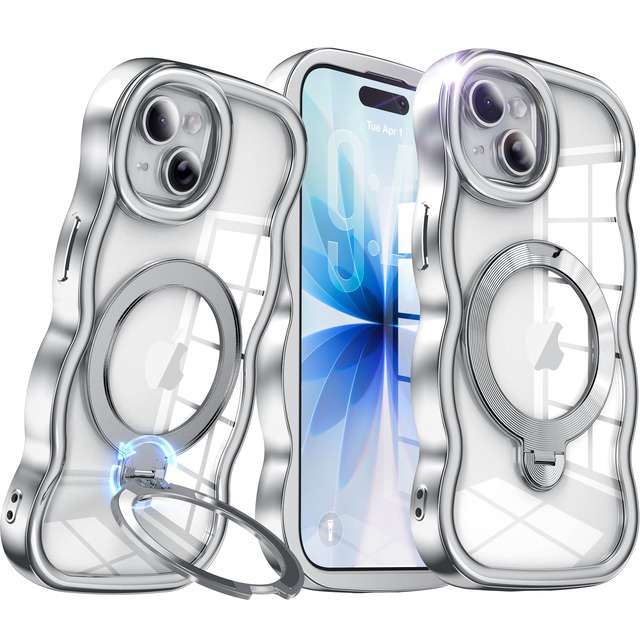 【大波型メッキフレーム・360°回転無制限】 iPhone 13/iPhone 14 用 ケース アイフォン13/iPhone 14 対応【縦横スタンド・Magsafe一体】 角度調整可能 ストラップホール付き 耐衝撃 黄ばみゼロ マグネット吸着 ワイヤレス充電対応 グリップ感向上 リング 薄型 軽量 透明 いPhone13/iPhone 14 用 ケース 6.1インチ