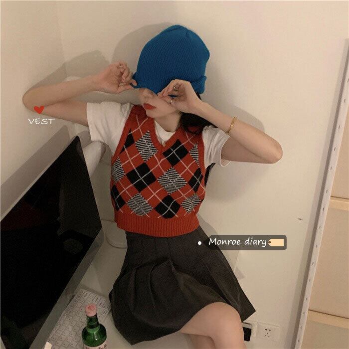 Vネック格子柄ニットオータムウィンターショートセーター スタイルノースリーブトップス 秋物 冬物 モンロー65339436588