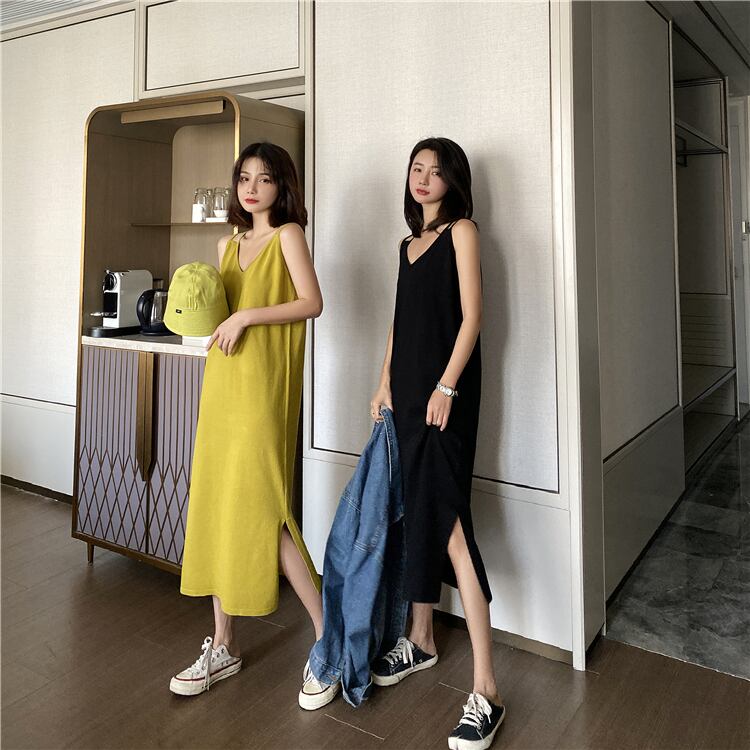 2ライン キャミソール ロングワンピース★夏 キュート 夏コーデ 春 夏 レディース キャミワンピース ロング丈 ニット Vネック