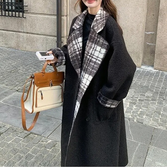 【ボアコート】チェック ボアコート レディース ロング リバーシブル おしゃれ きれいめ アウター 秋 冬 20代 30代 40代 50代 カジュアル 大人 可愛い ブラック 黒 S M L XL