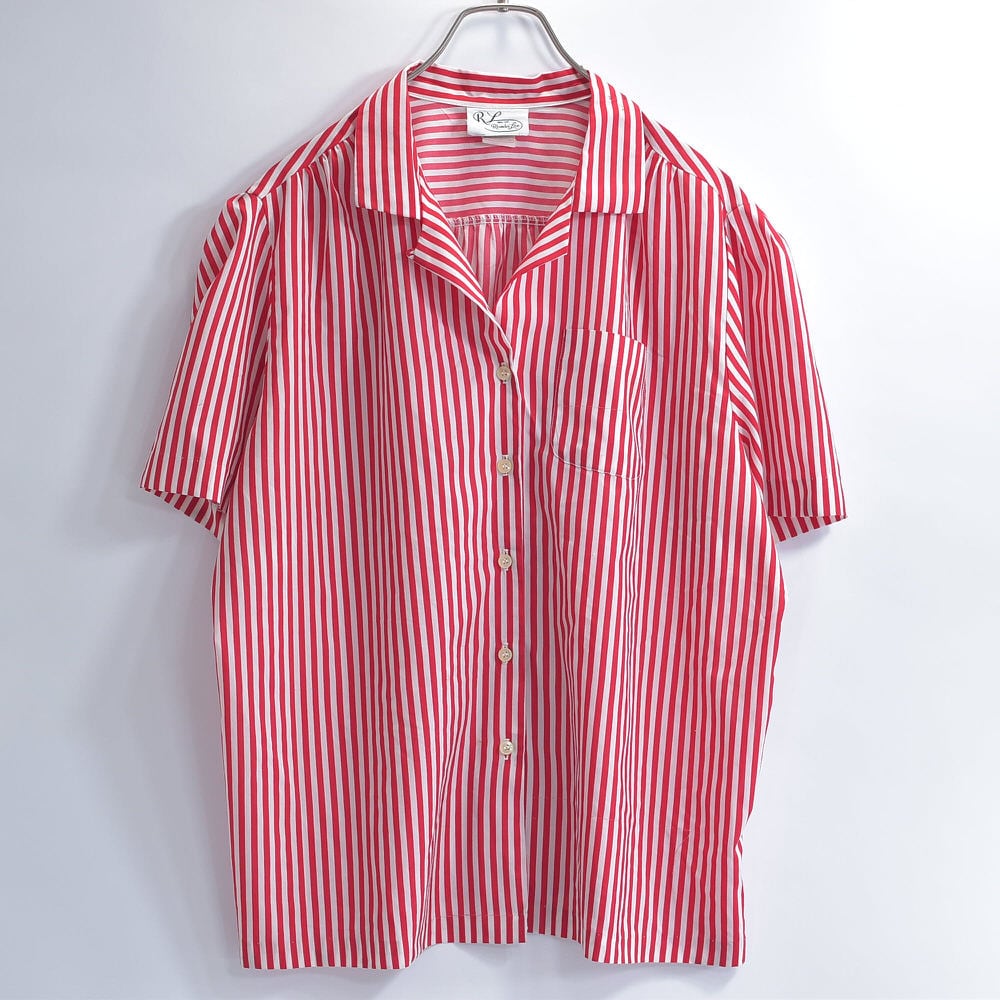 50年代 開襟シャツ ロカビリー グレー×赤 ビンテージシャツ ストライプ 50～60s USA製 Rhoda Lee ローダ リー ストライプ オープンカラー