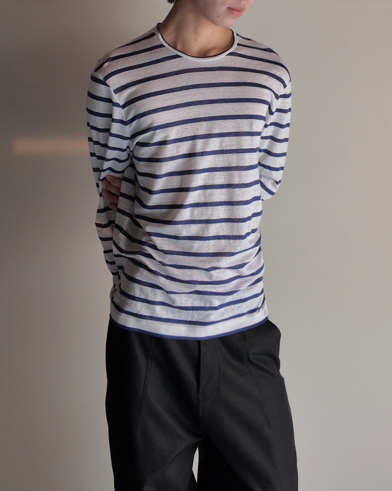 【DSQUARED2】linen crew neck border top