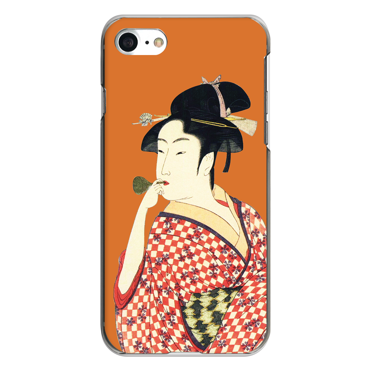 iPhone対応 スマホ ハードケース クリア ビードロを吹く町娘-橙色 浮世絵 和柄 【iPhone17 / iPhone16e / AQUOS / Xperia 他 iPhone / Android ほぼ全機種対応】 |bedob015