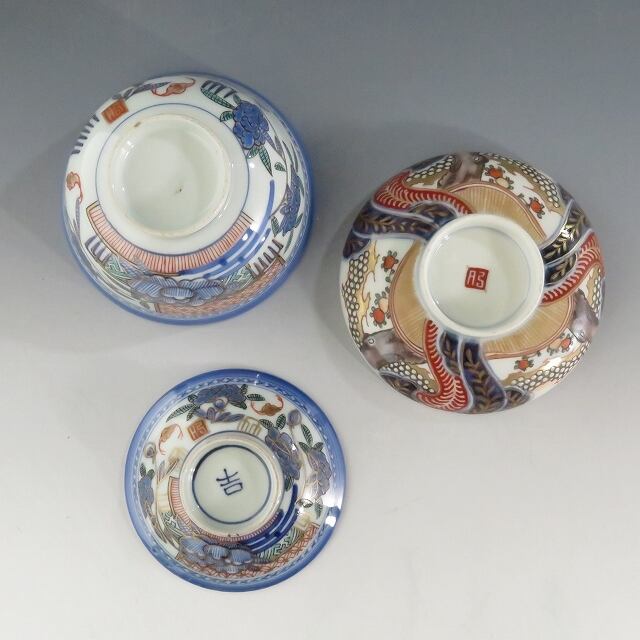 古伊万里　染付蓋茶碗　江戸時代　3客 江戸期 古伊万里 大明年製 色絵染付 蓋茶碗3客(上手物古伊万里